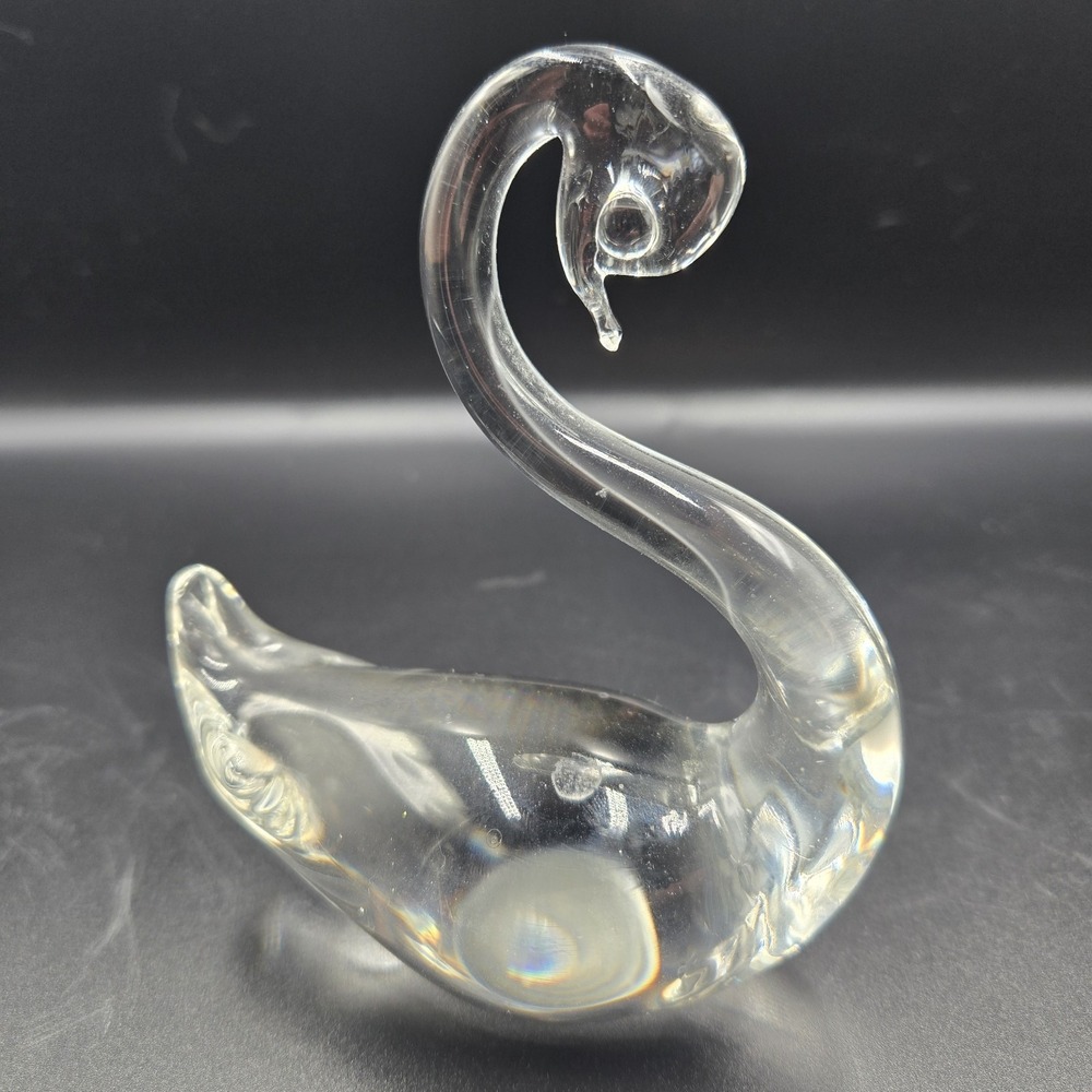 VTG Handblown Art Glass Swan Figurine NV Clear Crystal Murano Style 5" 1960's